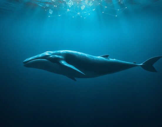A digital whale swimming in a blockchain-themed ocean, representing a large Ethereum transfer.