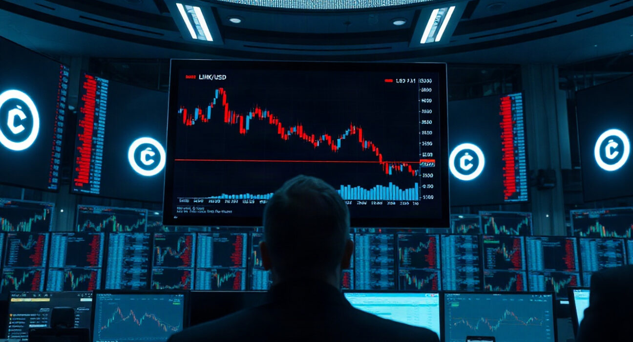 Trading desk with LINK/USD chart showing potential sell pressure after whale transfer