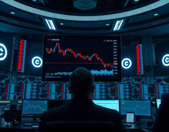 Trading desk with LINK/USD chart showing potential sell pressure after whale transfer