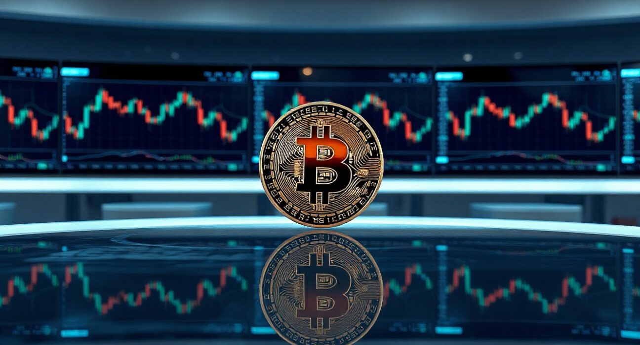 Bitcoin trading screens on a professional trading floor with digital Bitcoin symbol