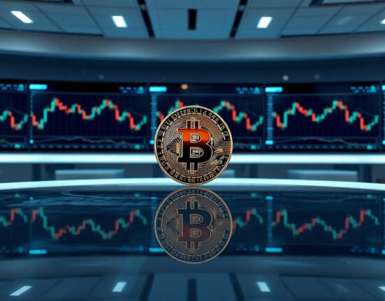 Bitcoin trading screens on a professional trading floor with digital Bitcoin symbol