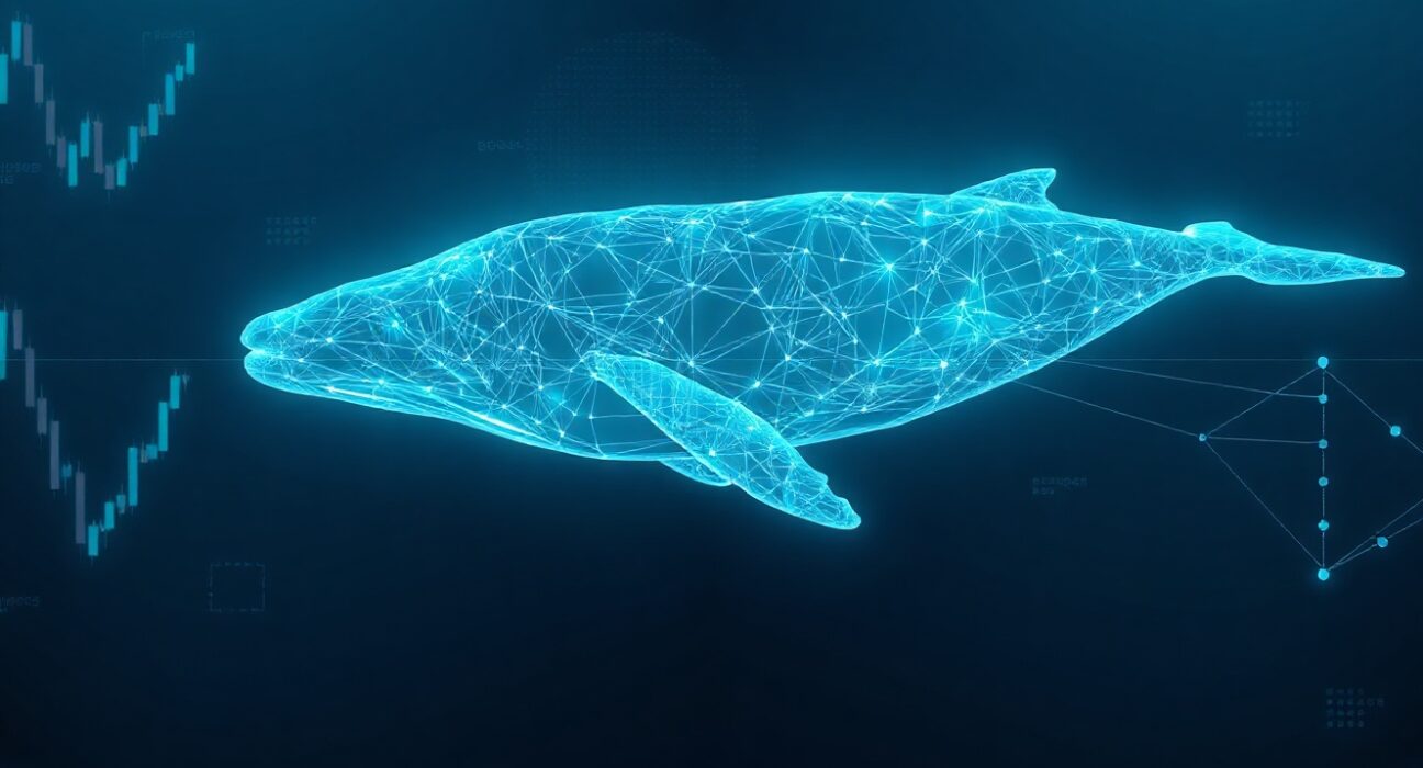 Illustration of a digital whale made of blockchain network lines swimming in a dark ocean, representing a large Ethereum transfer.