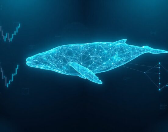 Illustration of a digital whale made of blockchain network lines swimming in a dark ocean, representing a large Ethereum transfer.