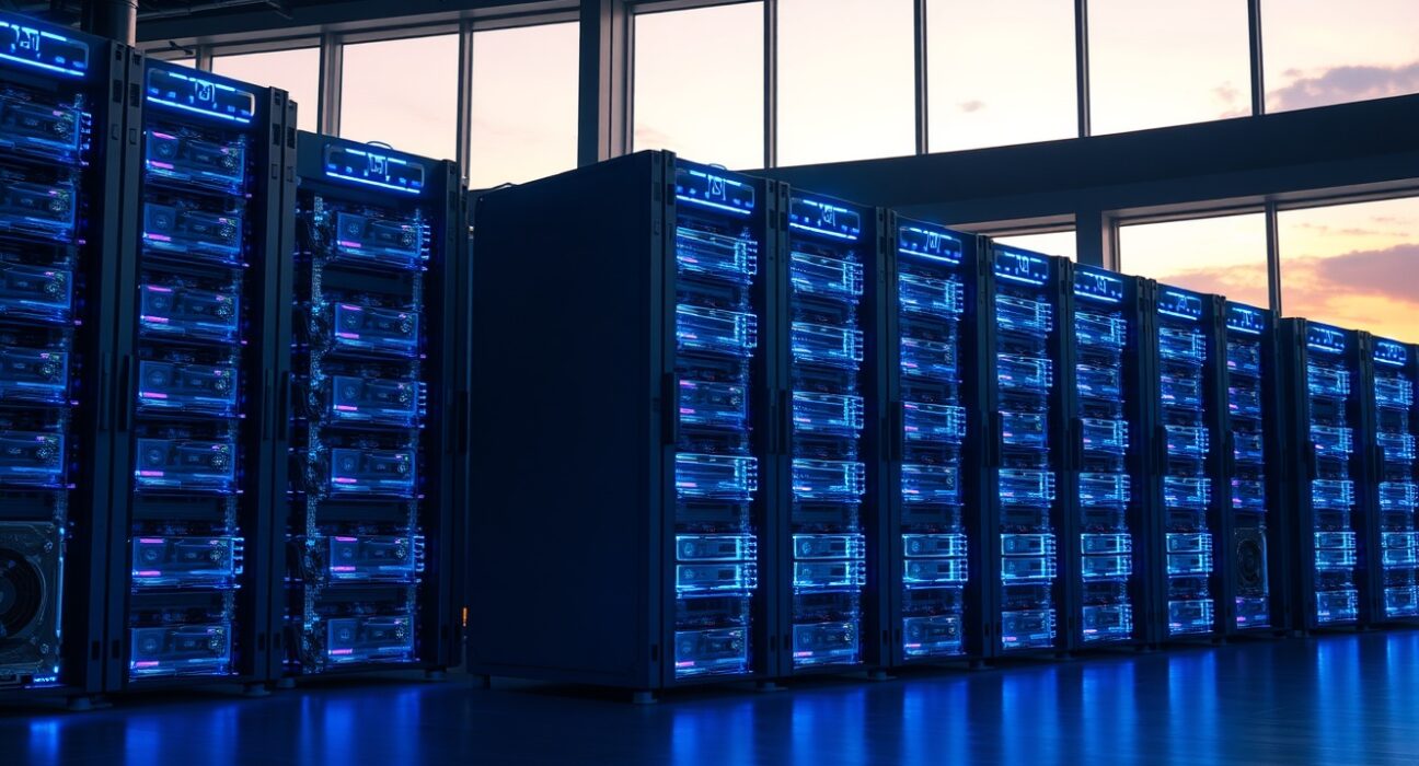 Ethereum mining hardware glowing in a data center at dusk