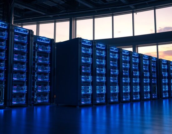 Ethereum mining hardware glowing in a data center at dusk