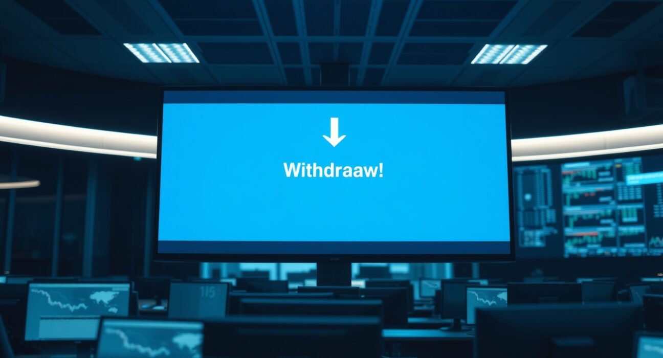 Cryptocurrency withdrawal interface on a screen in a trading office