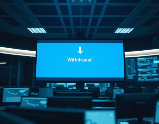 Cryptocurrency withdrawal interface on a screen in a trading office