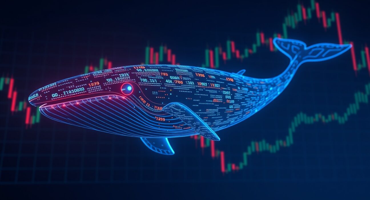 Digital whale representing a large Ethereum short position on Hyperliquid exchange