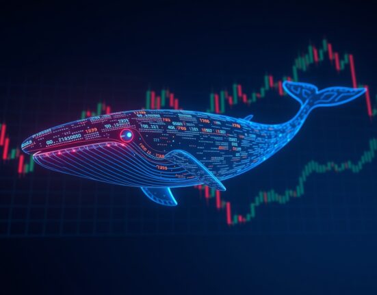 Digital whale representing a large Ethereum short position on Hyperliquid exchange
