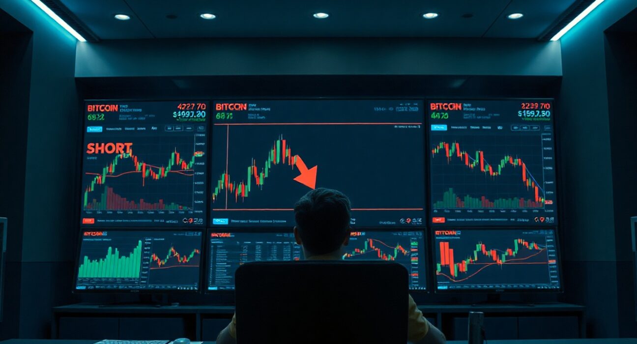 Bitcoin price chart on trading screens with a short position indicator
