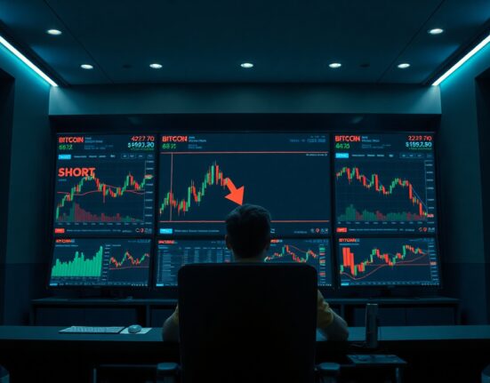 Bitcoin price chart on trading screens with a short position indicator