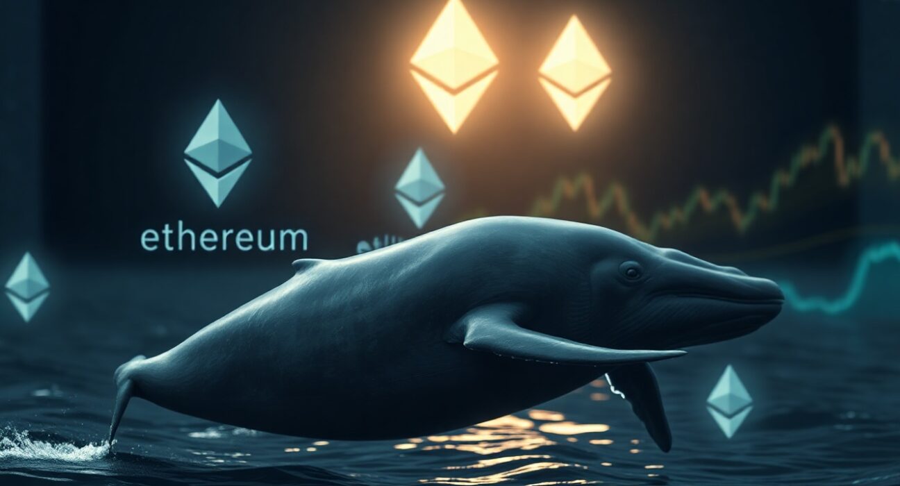 A whale symbolizing a large trader swimming in a dark ocean with Ethereum symbols and financial charts in the background.