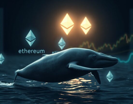 A whale symbolizing a large trader swimming in a dark ocean with Ethereum symbols and financial charts in the background.