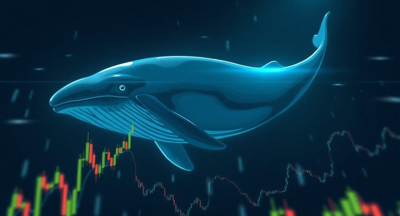 Illustration of a whale swimming in a sea of digital data and charts, symbolizing a large cryptocurrency trade.