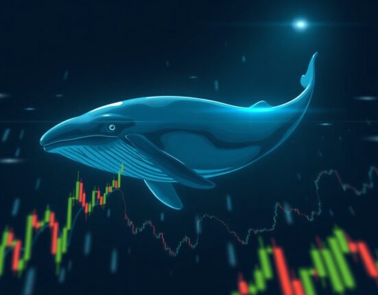 Illustration of a whale swimming in a sea of digital data and charts, symbolizing a large cryptocurrency trade.