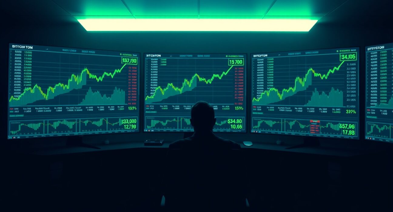 Silhouette of a trader in front of monitors showing Bitcoin price charts and a large long position.