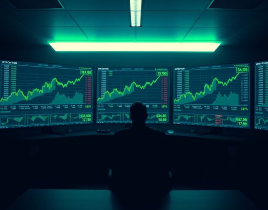 Silhouette of a trader in front of monitors showing Bitcoin price charts and a large long position.