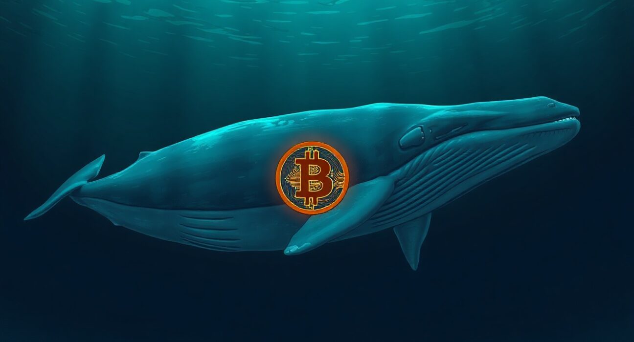 Whale with Bitcoin symbol in dark ocean representing large cryptocurrency trade