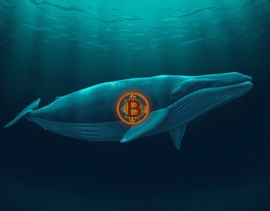 Whale with Bitcoin symbol in dark ocean representing large cryptocurrency trade