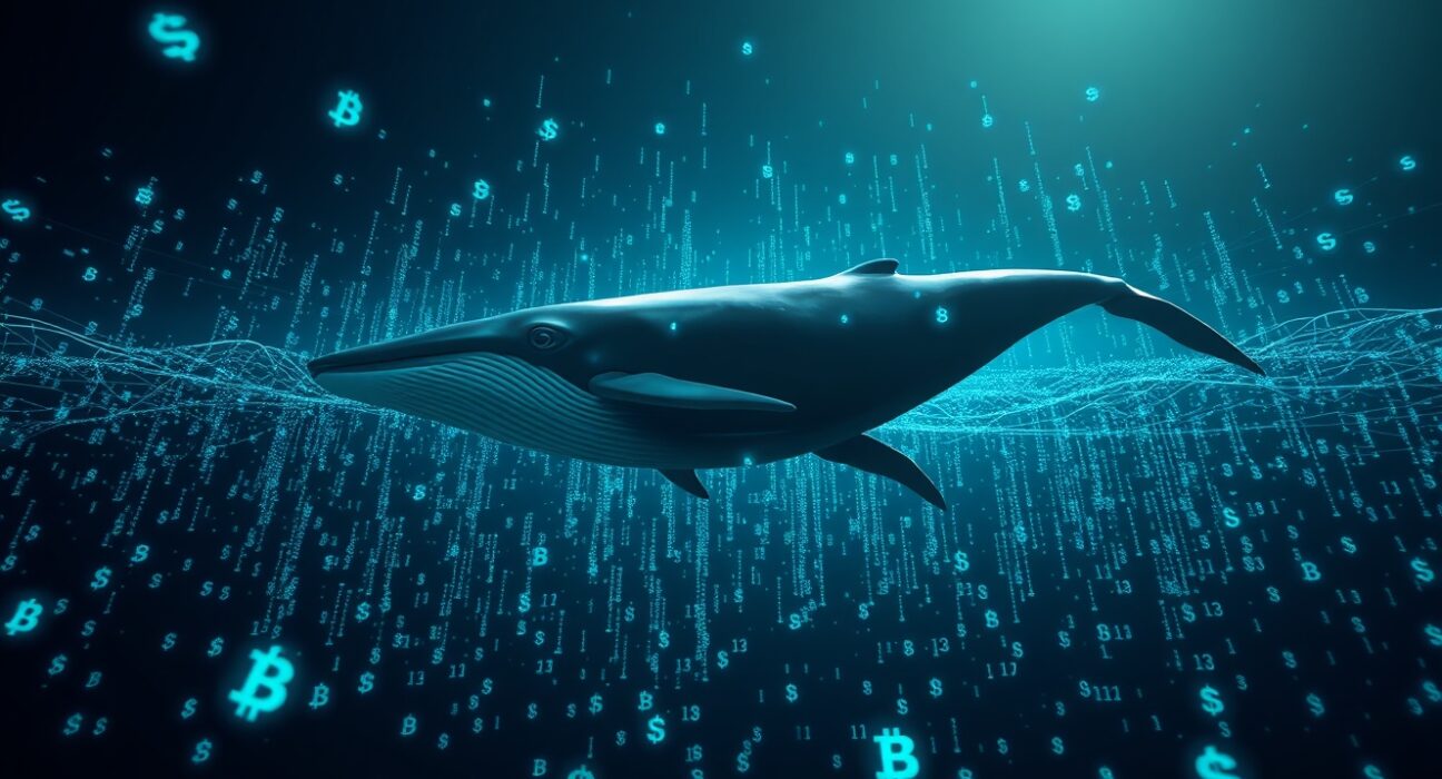 Digital whale swimming through cryptocurrency data streams representing a large NEAR trade