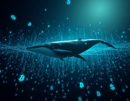 Digital whale swimming through cryptocurrency data streams representing a large NEAR trade