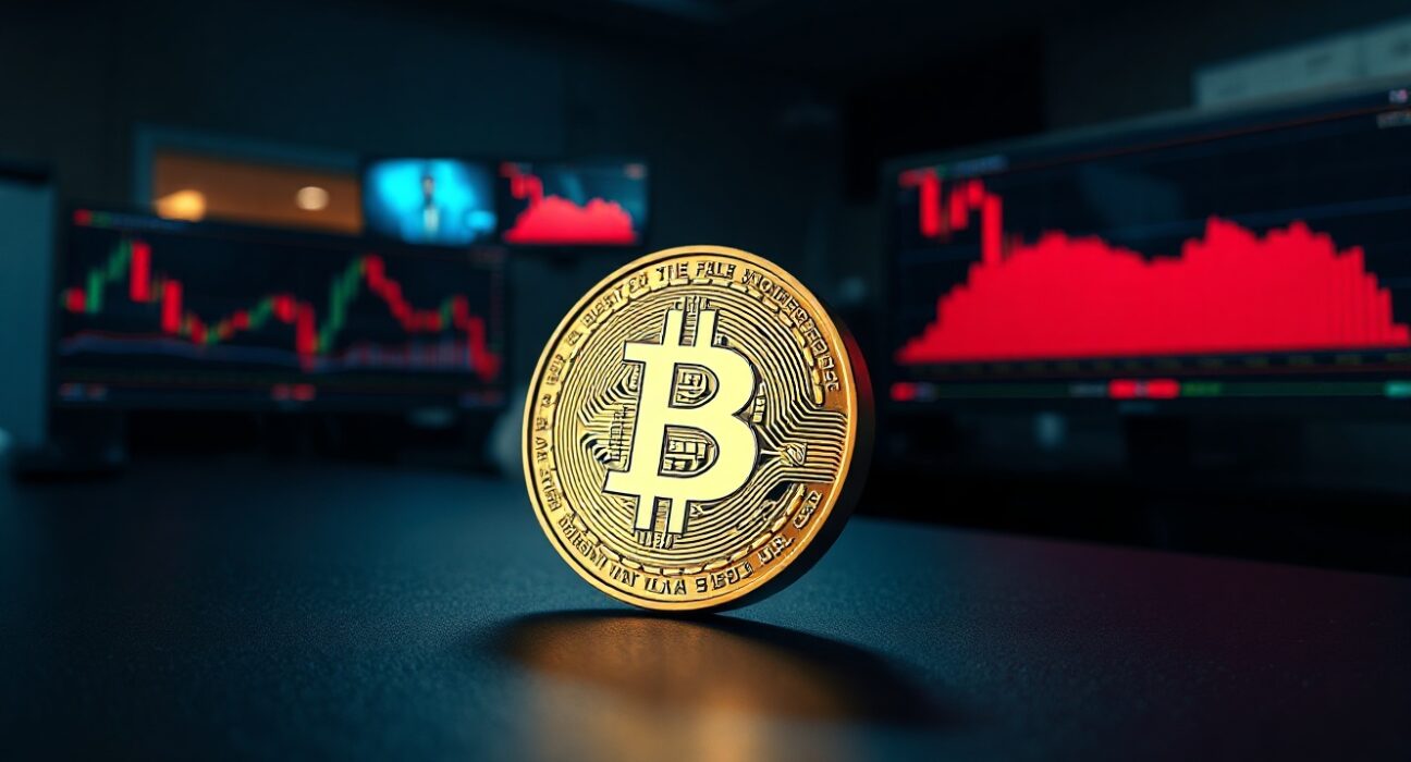Close-up of a Bitcoin coin on a trading desk with monitors showing bearish charts, representing a whale's short position.