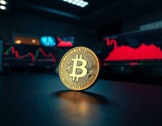 Close-up of a Bitcoin coin on a trading desk with monitors showing bearish charts, representing a whale's short position.