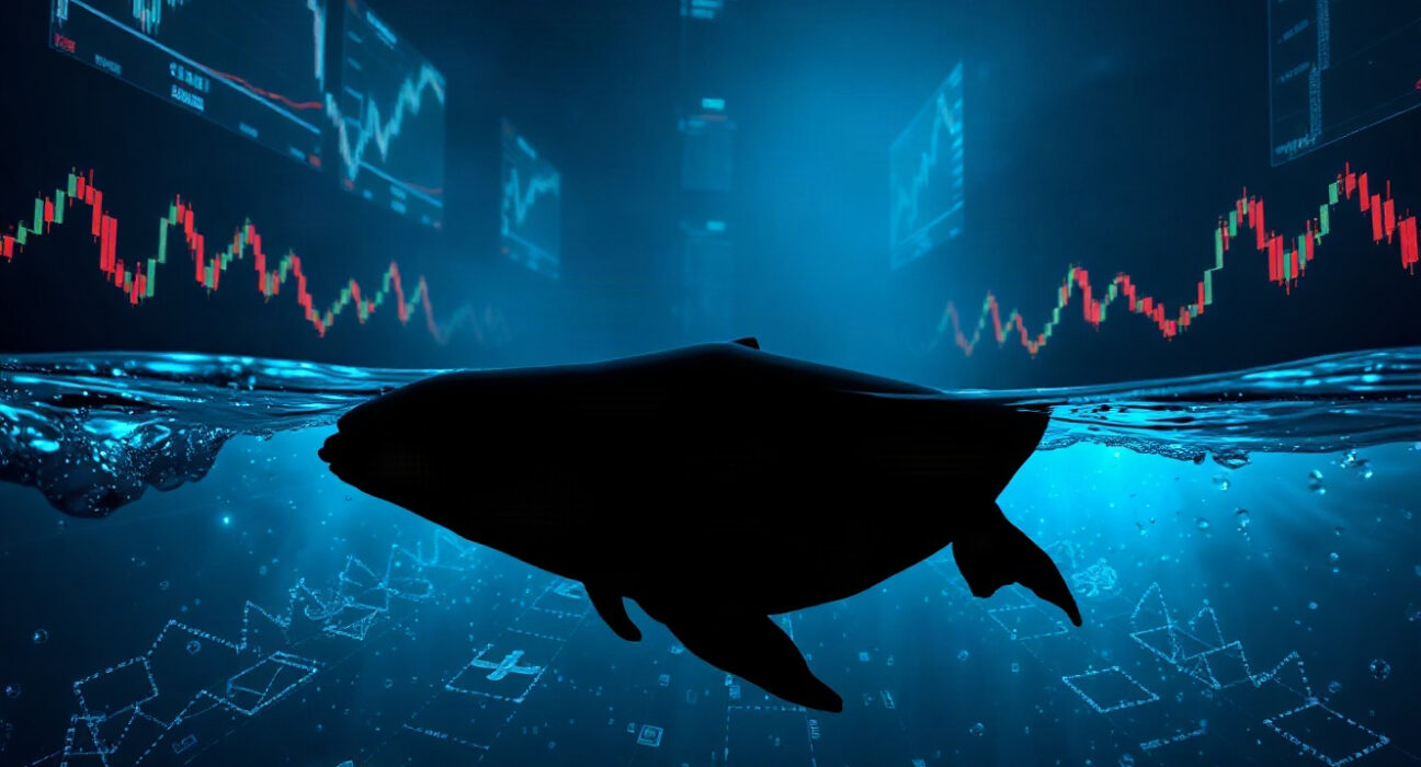 A whale swimming through a digital ocean of trading charts, symbolizing large crypto short positions.