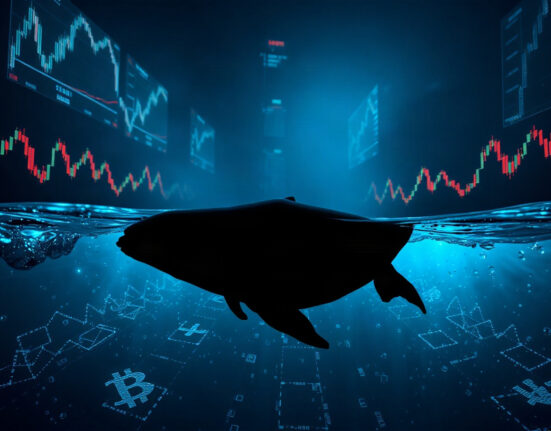 A whale swimming through a digital ocean of trading charts, symbolizing large crypto short positions.