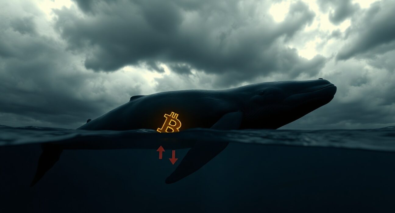 A large whale silhouette swims in a dark ocean with a glowing Bitcoin symbol and red arrows, representing a bearish crypto trade.