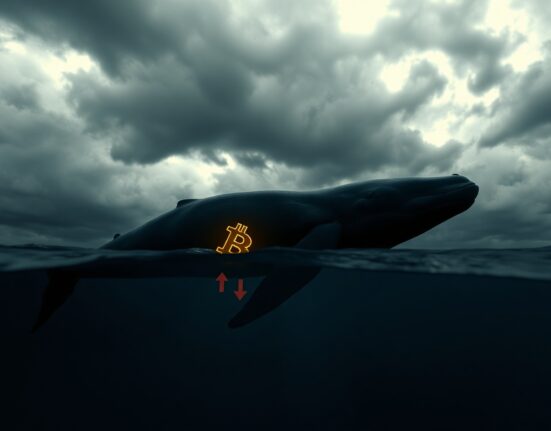 A large whale silhouette swims in a dark ocean with a glowing Bitcoin symbol and red arrows, representing a bearish crypto trade.