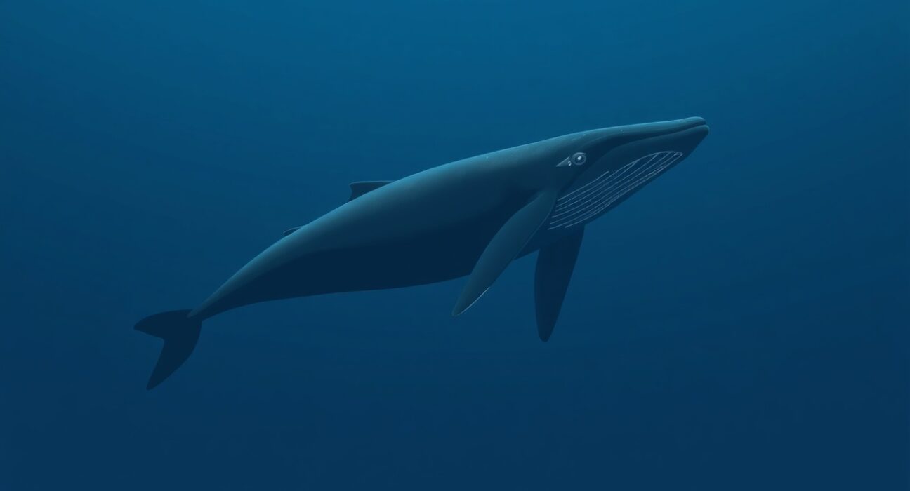 Whale opens $182M ETH long position on Hyperliquid, showing a large blue whale in deep ocean