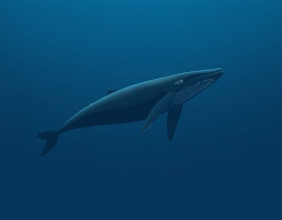 Whale opens $182M ETH long position on Hyperliquid, showing a large blue whale in deep ocean