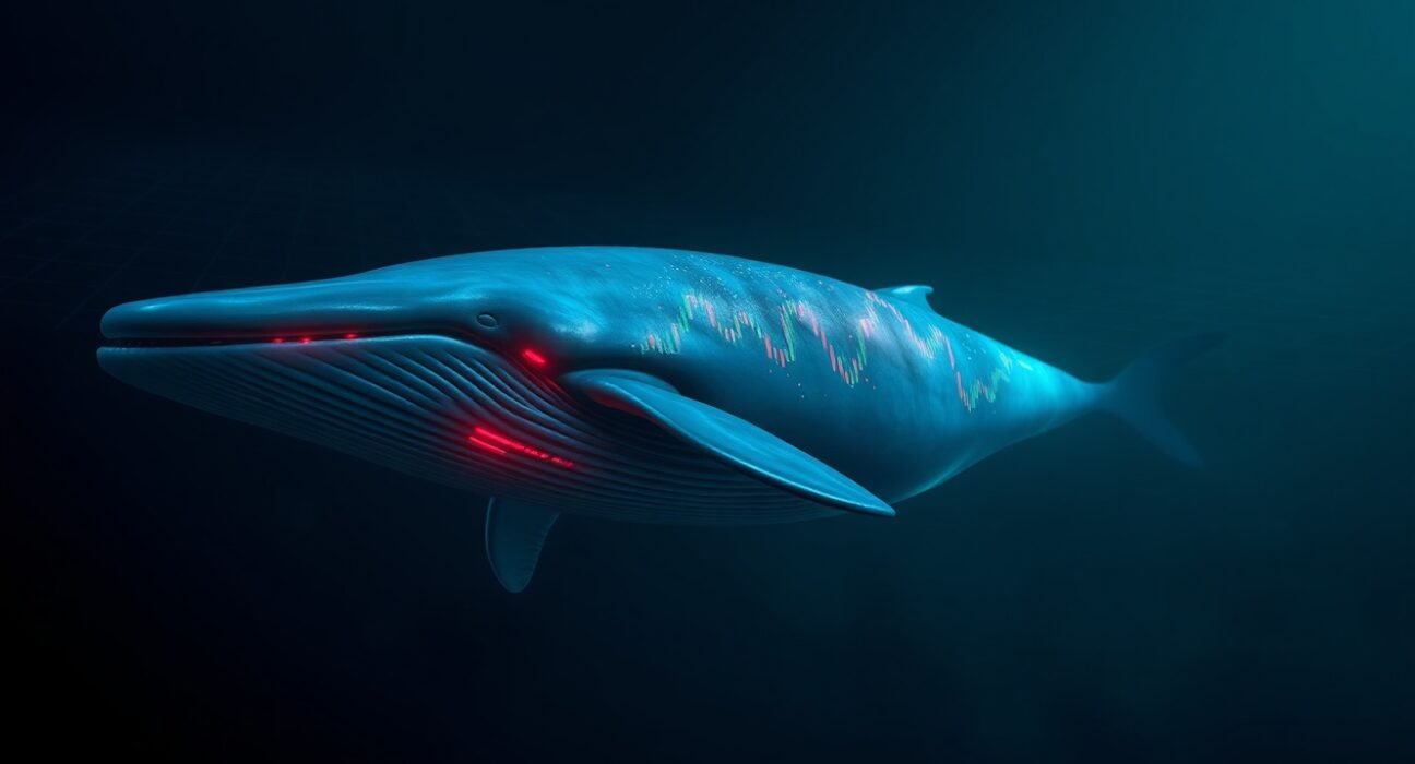 A digital whale swimming through a dark ocean with reflected trading charts, symbolizing a large crypto trader's high-risk position.