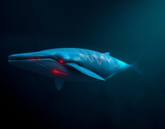 A digital whale swimming through a dark ocean with reflected trading charts, symbolizing a large crypto trader's high-risk position.