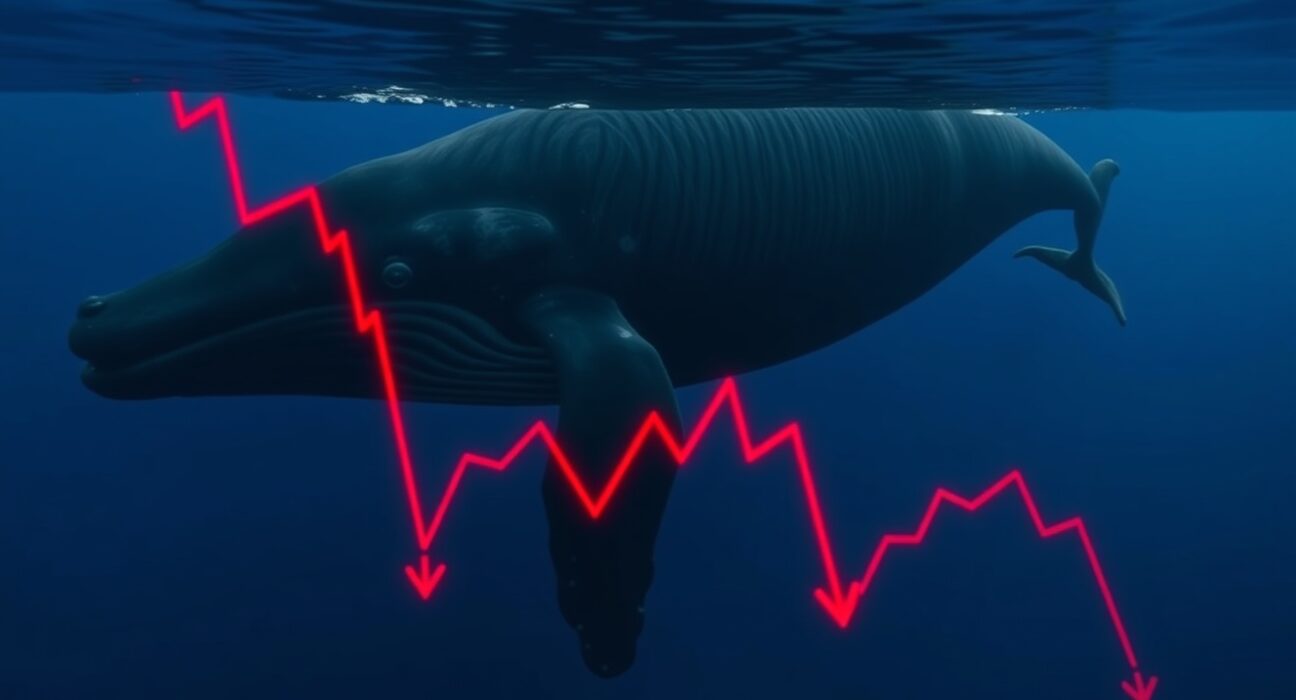 A whale swimming in the ocean with a digital overlay of a red downward-trending financial chart, representing a potential crypto loss.