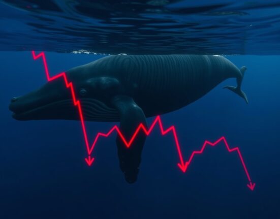 A whale swimming in the ocean with a digital overlay of a red downward-trending financial chart, representing a potential crypto loss.