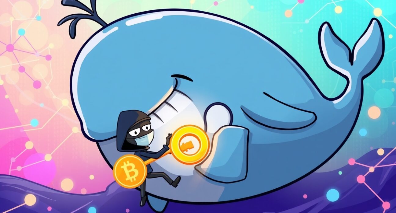 Cartoon of a distressed crypto whale losing a private key to a hacker in a digital ocean.