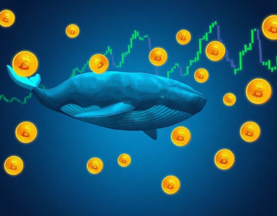 Digital whale swimming through Bitcoin and chart symbols representing a profitable trade.