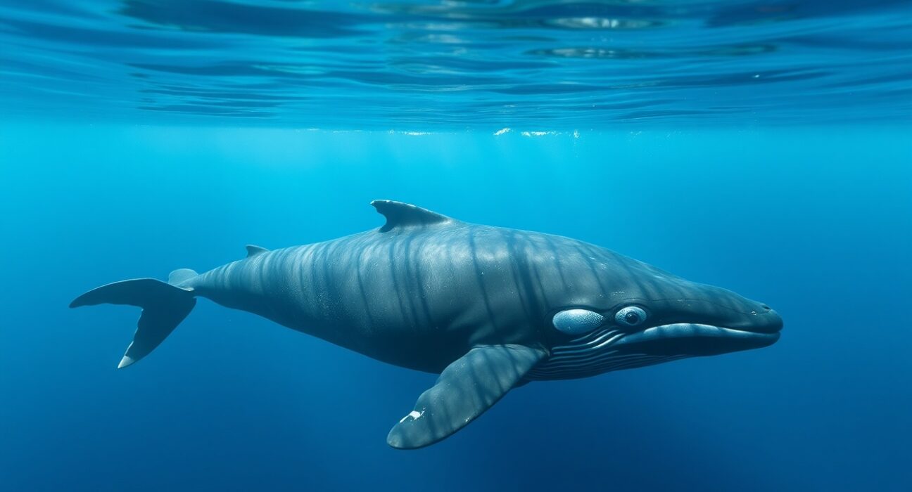 A large whale swimming in deep blue ocean water, representing a cryptocurrency whale re-entering short positions.