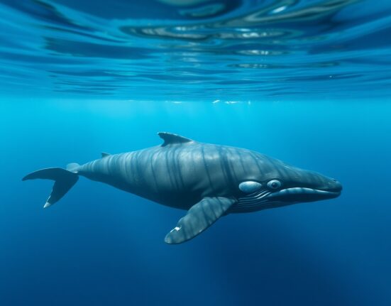 A large whale swimming in deep blue ocean water, representing a cryptocurrency whale re-entering short positions.
