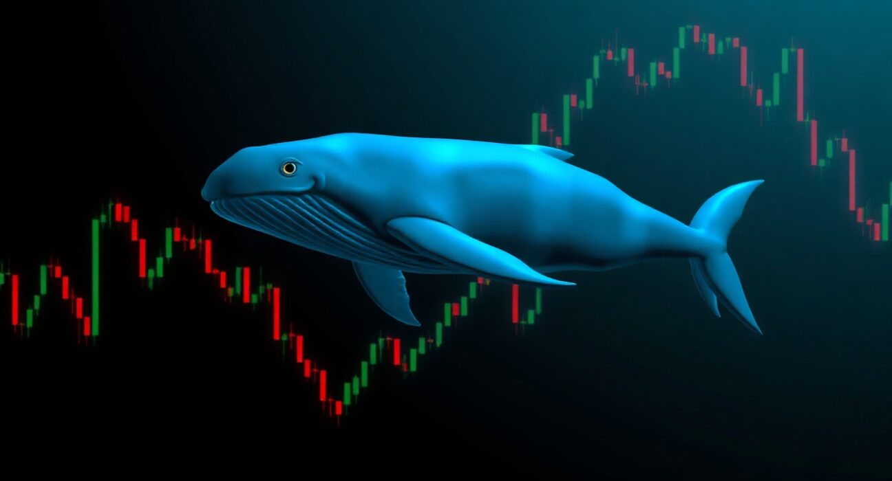 A digital illustration of a whale swimming through a sea of Bitcoin candlestick charts, representing a large investor re-entering the market.