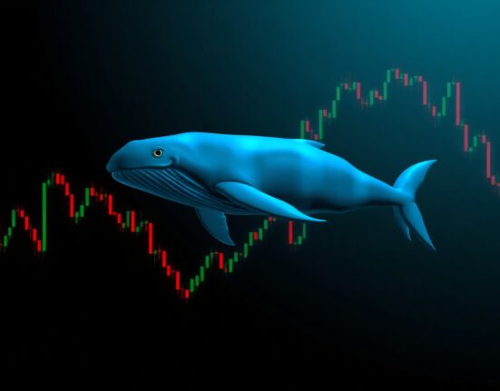 A digital illustration of a whale swimming through a sea of Bitcoin candlestick charts, representing a large investor re-entering the market.