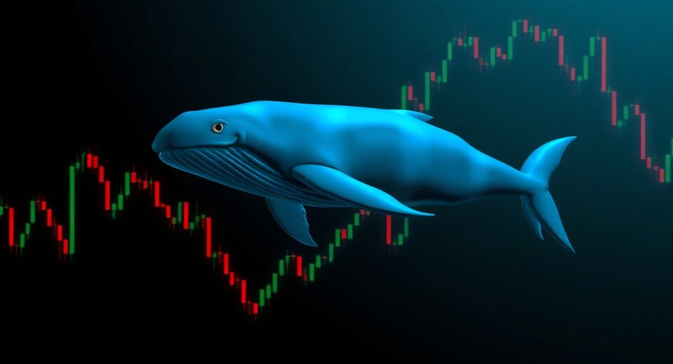 A digital illustration of a whale swimming through a sea of Bitcoin candlestick charts, representing a large investor re-entering the market.