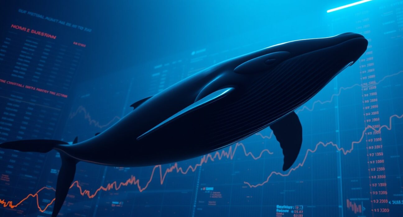 Whale silhouette swimming above digital cryptocurrency charts and blockchain data streams