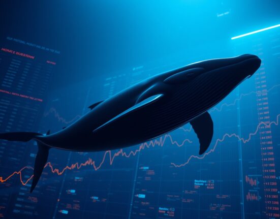 Whale silhouette swimming above digital cryptocurrency charts and blockchain data streams