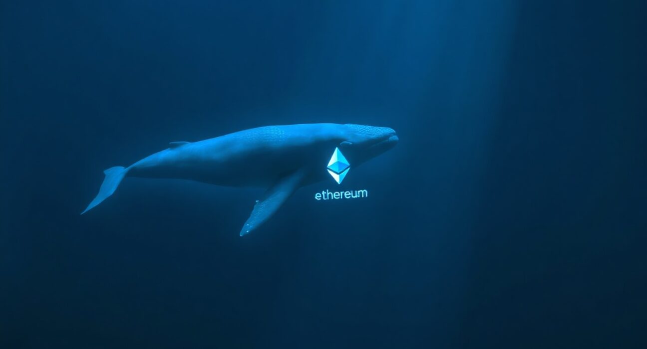A blue whale with an Ethereum logo swimming in the deep ocean, representing a large cryptocurrency transaction.