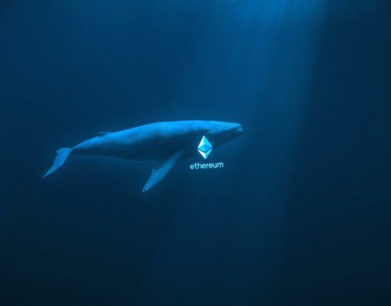 A blue whale with an Ethereum logo swimming in the deep ocean, representing a large cryptocurrency transaction.