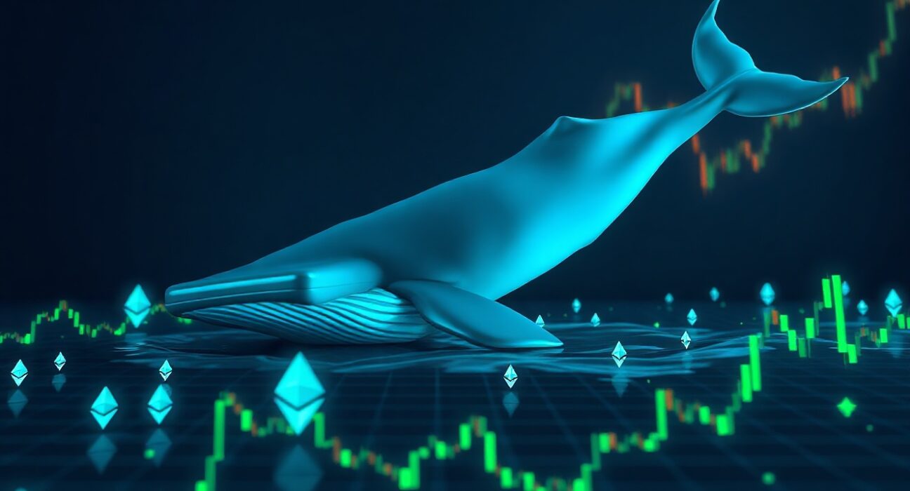 Digital whale swimming through Ethereum symbols and candlestick charts representing a large cryptocurrency transaction.