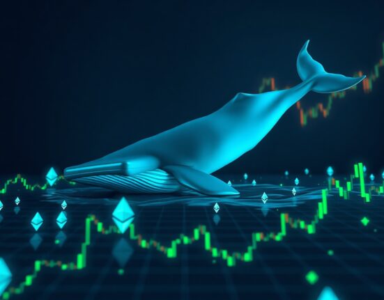 Digital whale swimming through Ethereum symbols and candlestick charts representing a large cryptocurrency transaction.